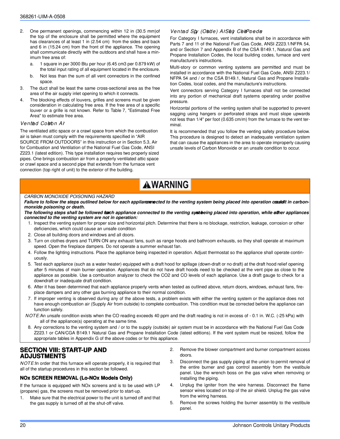 Johnson Controls YM8M/YMLM*MP, TM8M/TMLM*MP, LM8M/LMLM*MP Section Viii START-UP Adjustments, Ventilated Combustion Air 