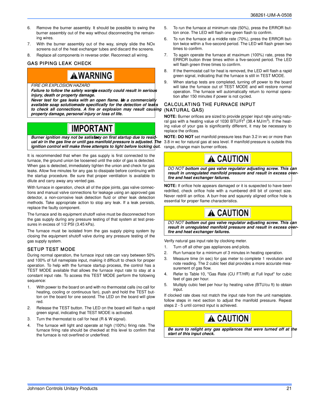 Johnson Controls TM8M/TMLM*MP GAS Piping Leak Check, Setup Test Mode, Calculating the Furnace Input Natural GAS 