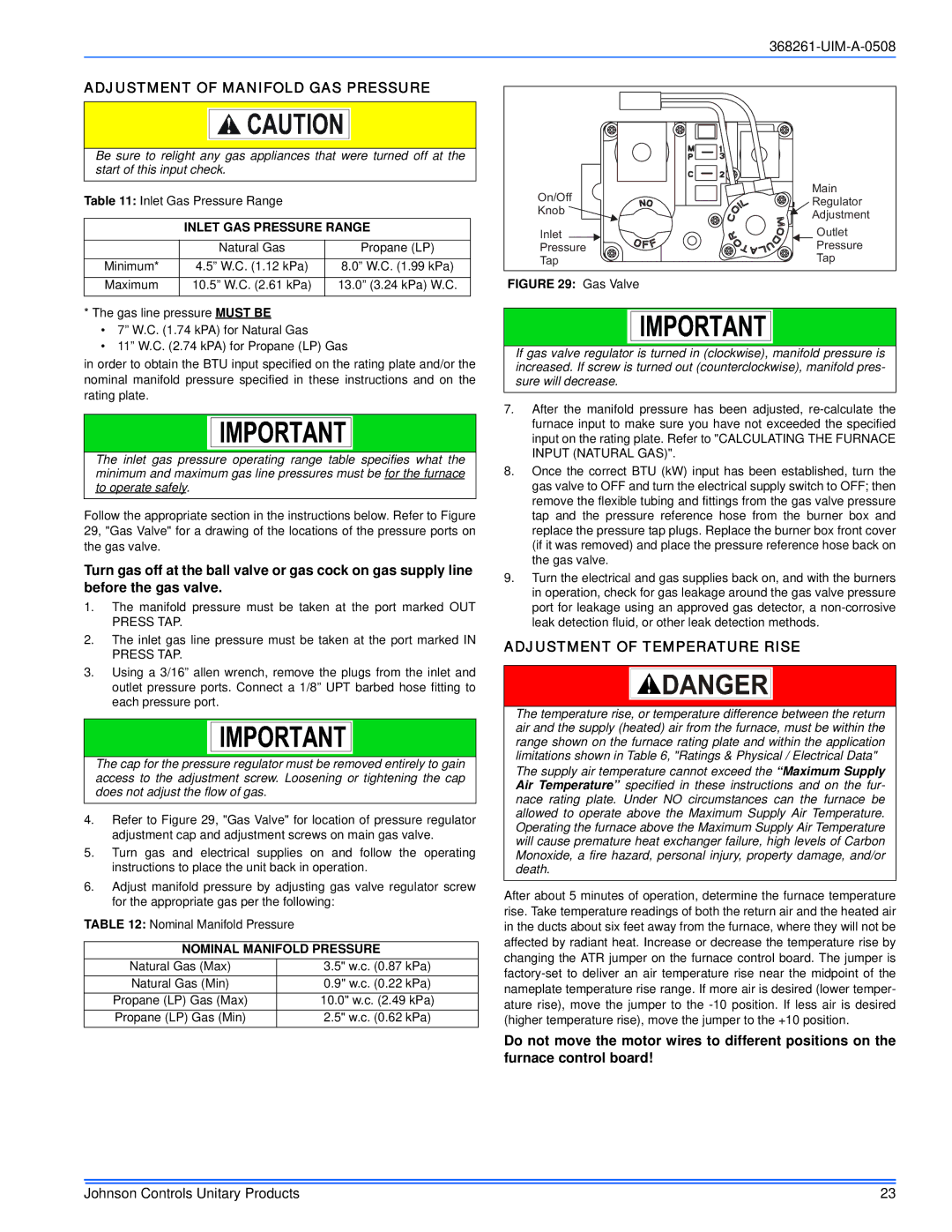 Johnson Controls CM8M/CMLM*MP, YM8M/YMLM*MP Adjustment of Manifold GAS Pressure, Adjustment of Temperature Rise 