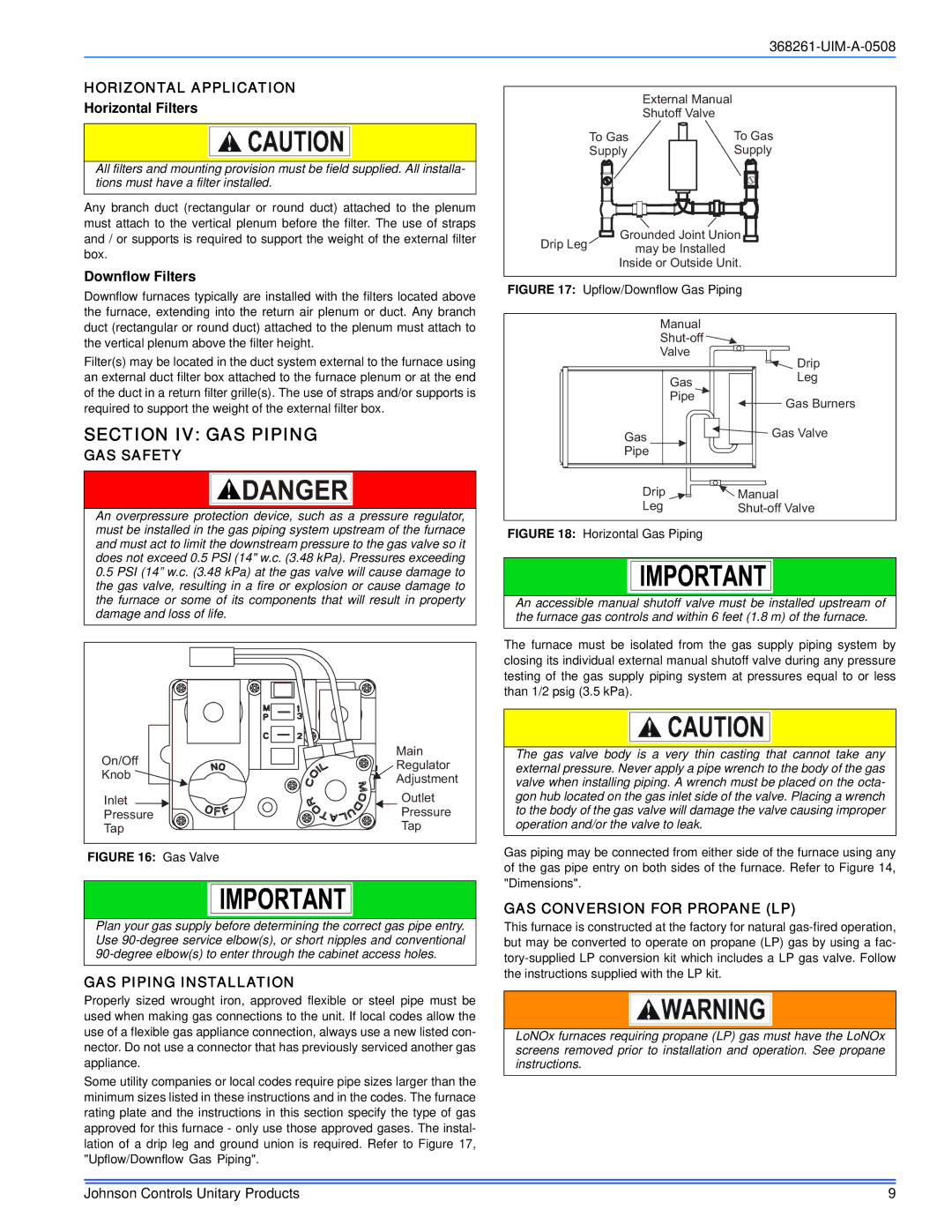 Johnson Controls TM8M/TMLM*MP Section IV GAS Piping, GAS Safety, GAS Piping Installation, GAS Conversion for Propane LP 