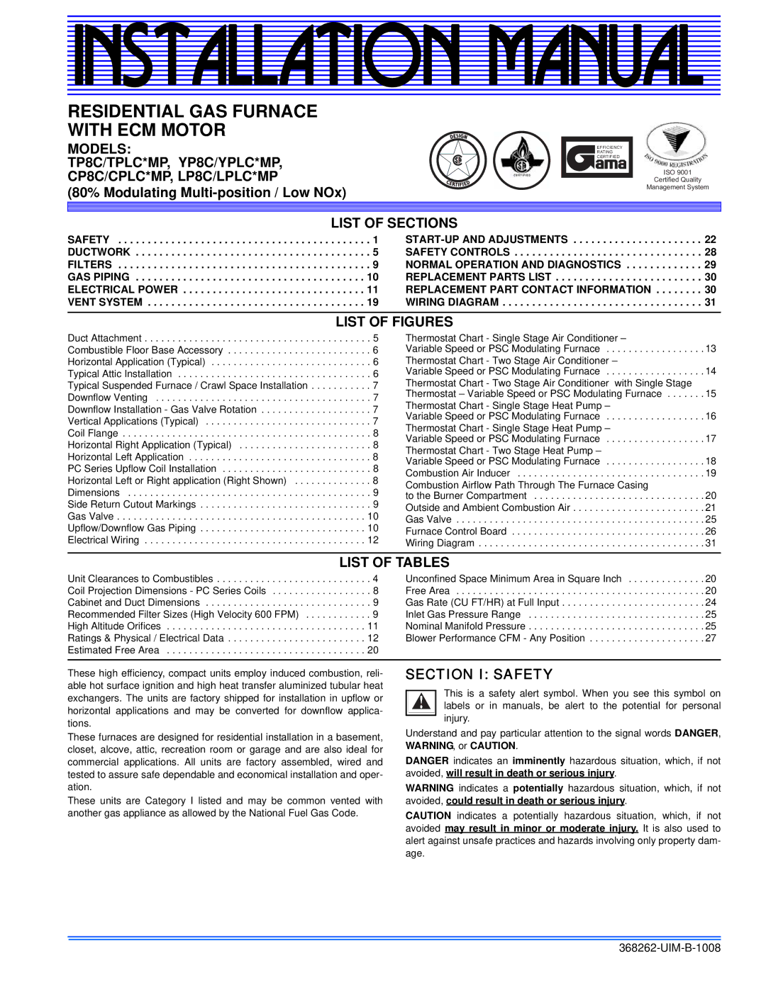 Johnson Controls LP8C/LPLC*MP, YP8C/YPLC*MP installation manual Models, List of Sections, List of Figures, List of Tables 