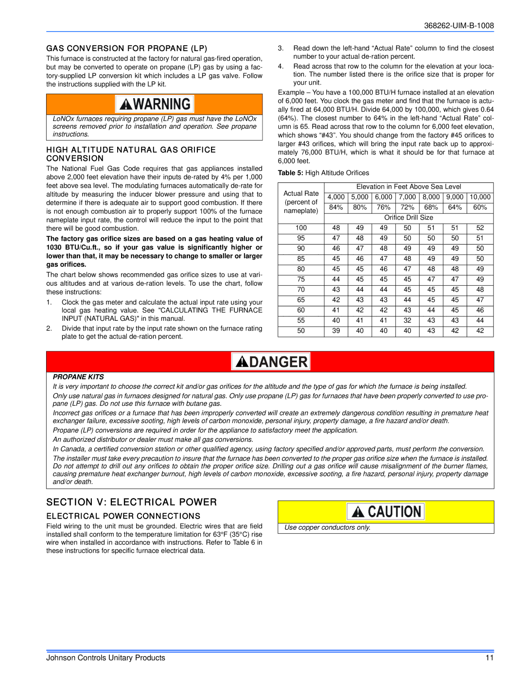 Johnson Controls CP8C/CPLC*MP Section V Electrical Power, GAS Conversion for Propane LP, Electrical Power Connections 