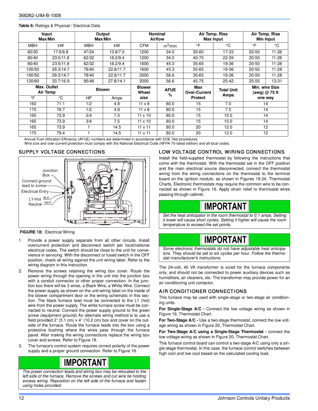 Johnson Controls YP8C/YPLC*MP, LP8C/LPLC*MP Supply Voltage Connections, LOW Voltage Control Wiring Connections, Max Outlet 