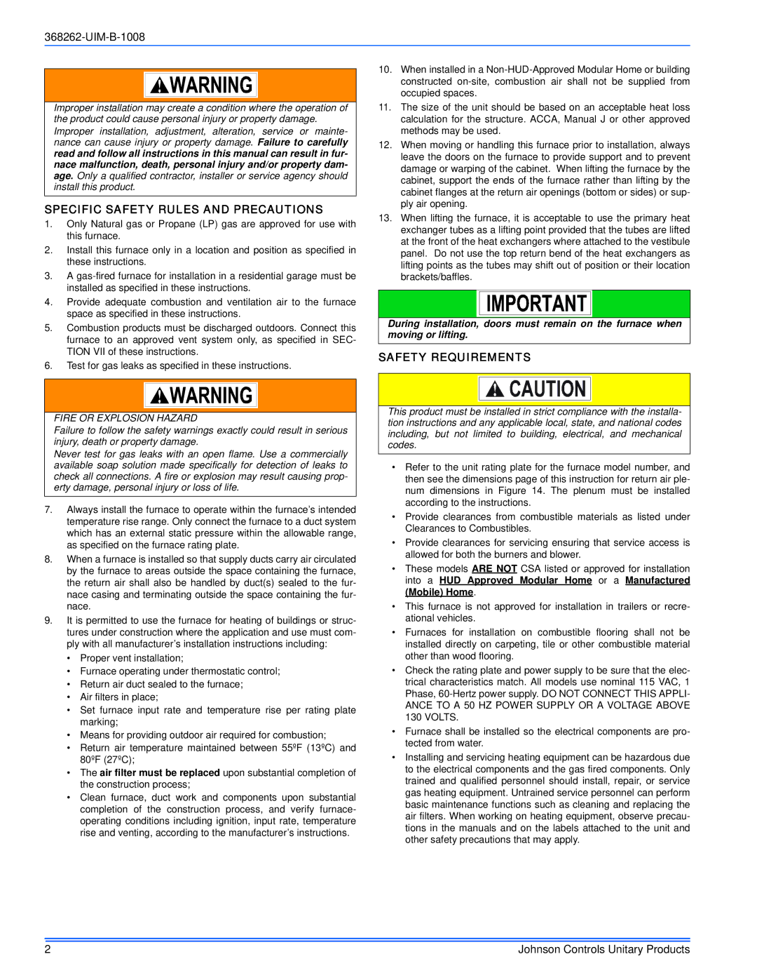 Johnson Controls TP8C/TPLC*MP, YP8C/YPLC*MP, LP8C/LPLC*MP Specific Safety Rules and Precautions, Safety Requirements 