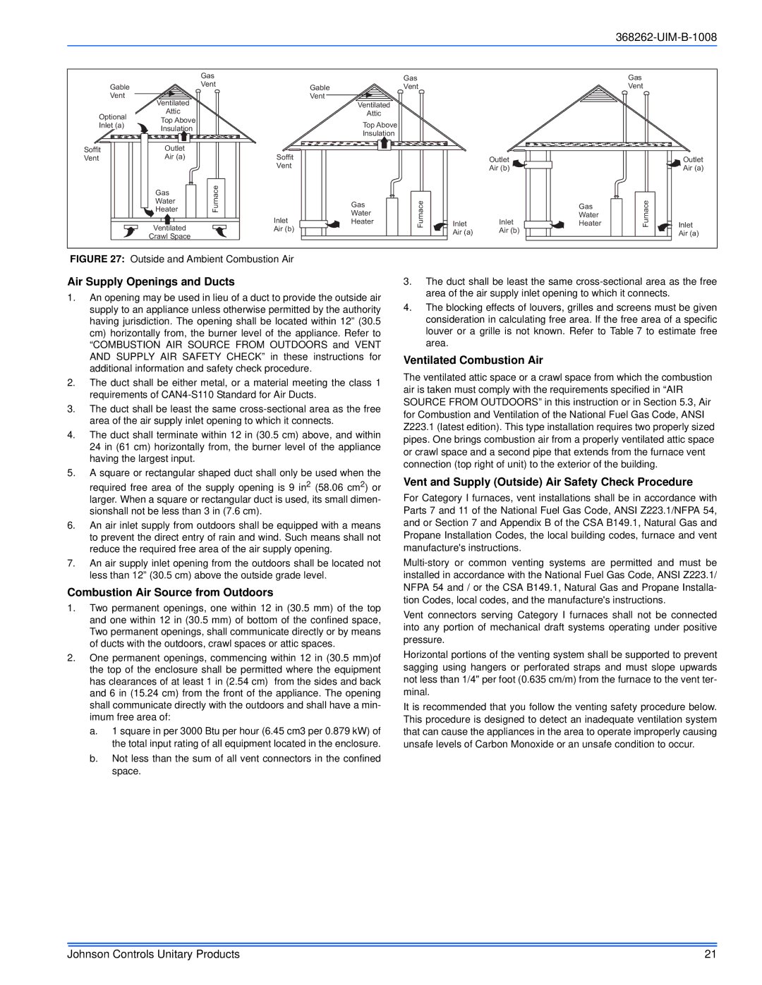 Johnson Controls LP8C/LPLC*MP, YP8C/YPLC*MP, TP8C/TPLC*MP Air Supply Openings and Ducts, Ventilated Combustion Air 