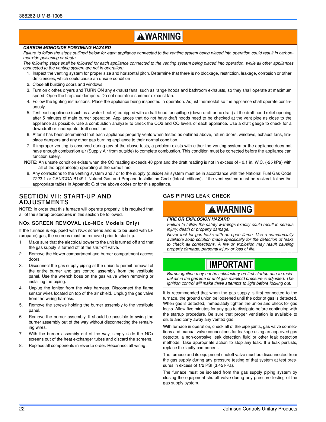 Johnson Controls TP8C/TPLC*MP, YP8C/YPLC*MP Section VII START-UP Adjustments, NOx Screen Removal Lo-NOx Models Only 