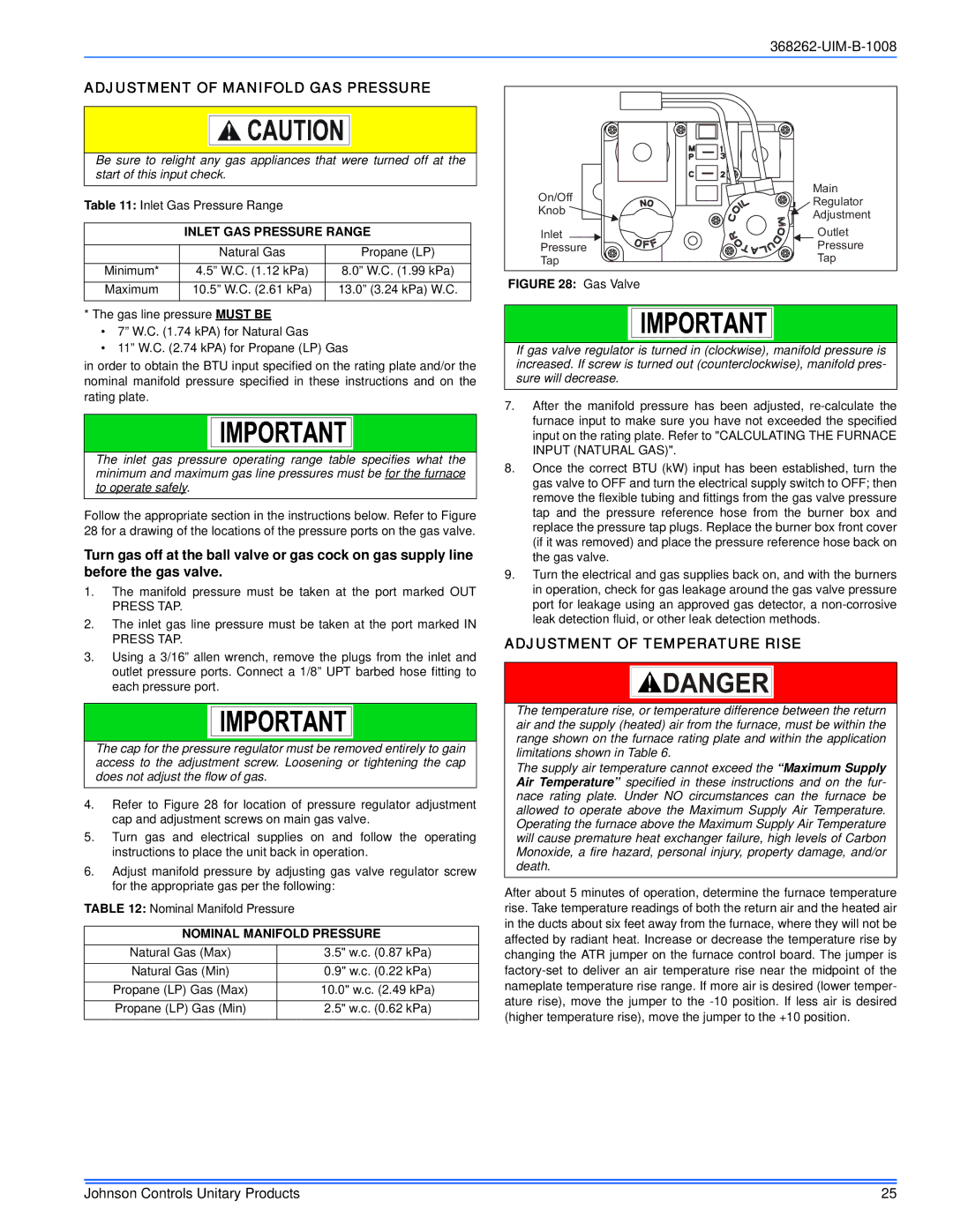 Johnson Controls LP8C/LPLC*MP, YP8C/YPLC*MP Adjustment of Manifold GAS Pressure, Adjustment of Temperature Rise 