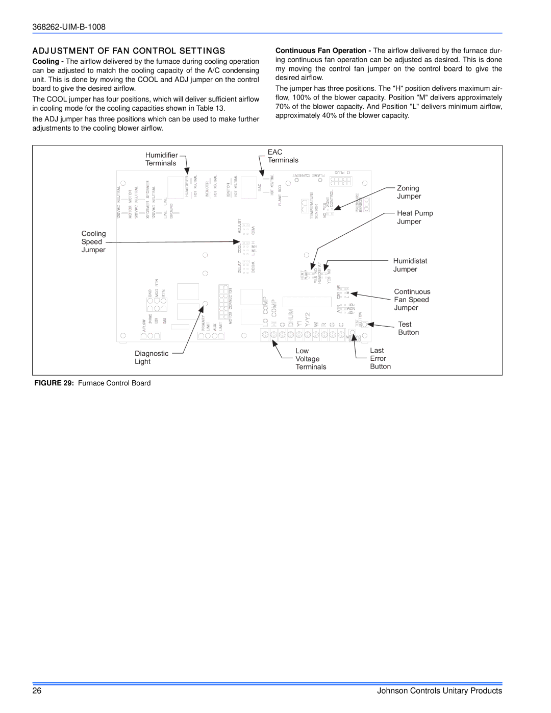 Johnson Controls TP8C/TPLC*MP, YP8C/YPLC*MP, LP8C/LPLC*MP, CP8C/CPLC*MP Adjustment of FAN Control Settings, Eac 