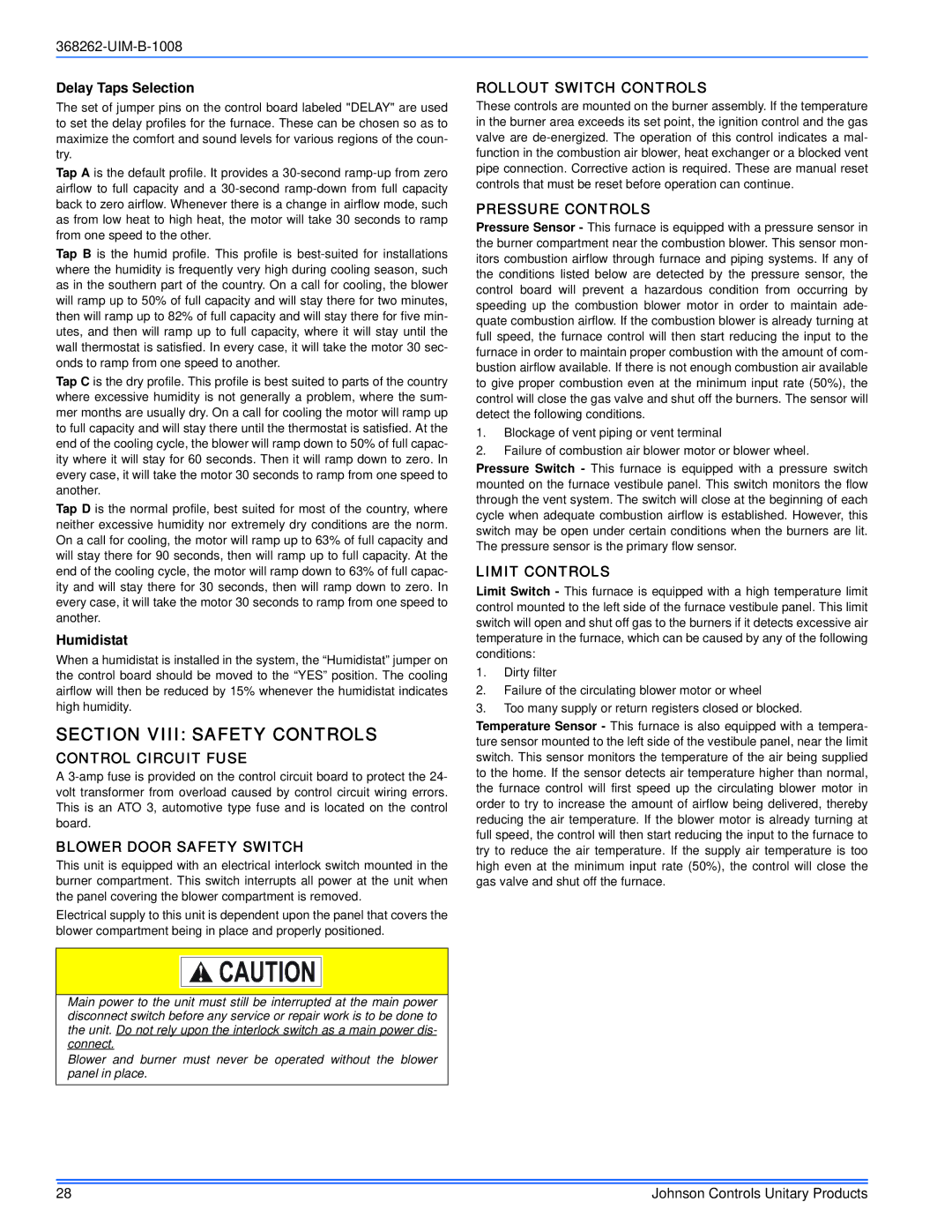 Johnson Controls YP8C/YPLC*MP, LP8C/LPLC*MP, TP8C/TPLC*MP, CP8C/CPLC*MP installation manual Section Viii Safety Controls 