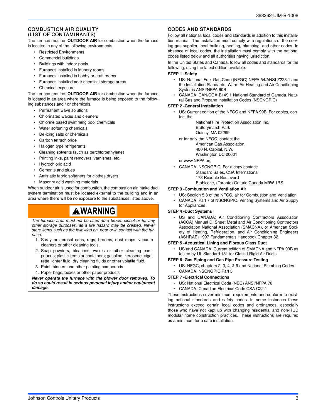 Johnson Controls CP8C/CPLC*MP, YP8C/YPLC*MP, LP8C/LPLC*MP Combustion AIR Quality List of Contaminants, Codes and Standards 