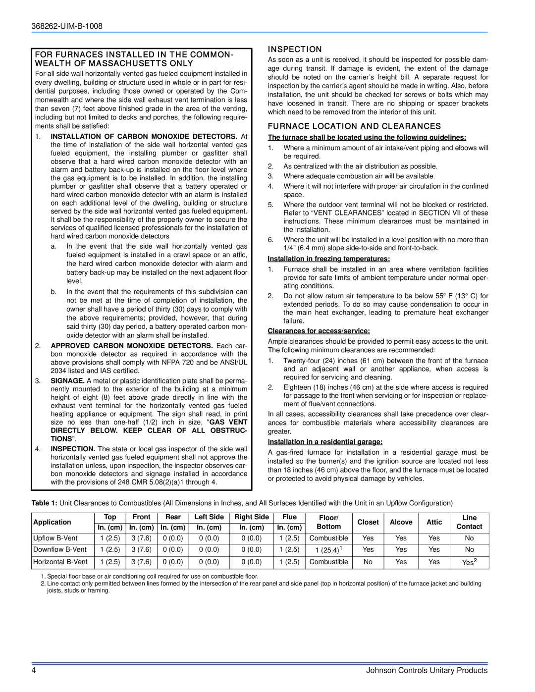 Johnson Controls YP8C/YPLC*MP, LP8C/LPLC*MP, TP8C/TPLC*MP, CP8C/CPLC*MP Inspection, Furnace Location and Clearances 