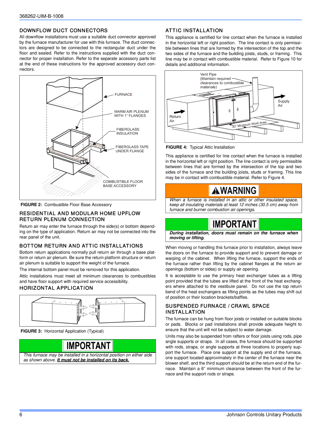 Johnson Controls TP8C/TPLC*MP Downflow Duct Connectors, Bottom Return and Attic Installations, Horizontal Application 