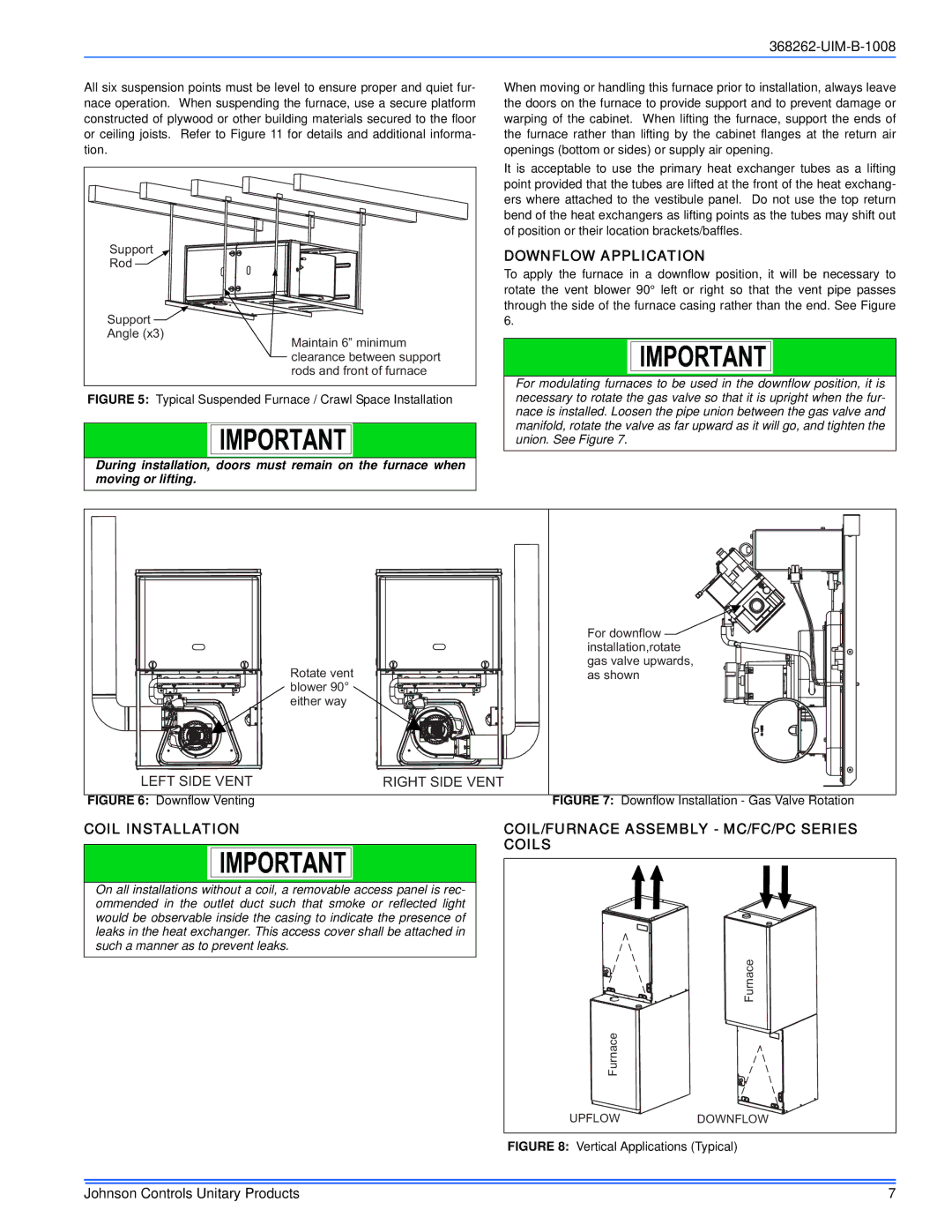 Johnson Controls CP8C/CPLC*MP Downflow Application, Coil Installation, COIL/FURNACE Assembly MC/FC/PC Series Coils 