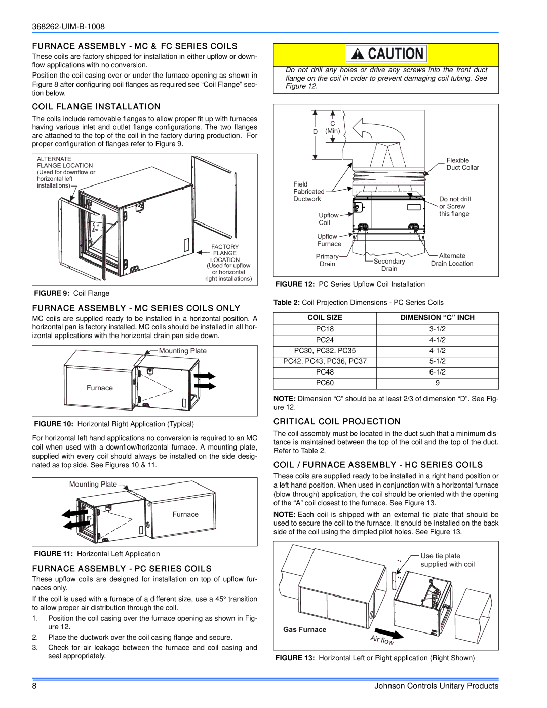 Johnson Controls YP8C/YPLC*MP Furnace Assembly MC & FC Series Coils, Coil Flange Installation, Critical Coil Projection 