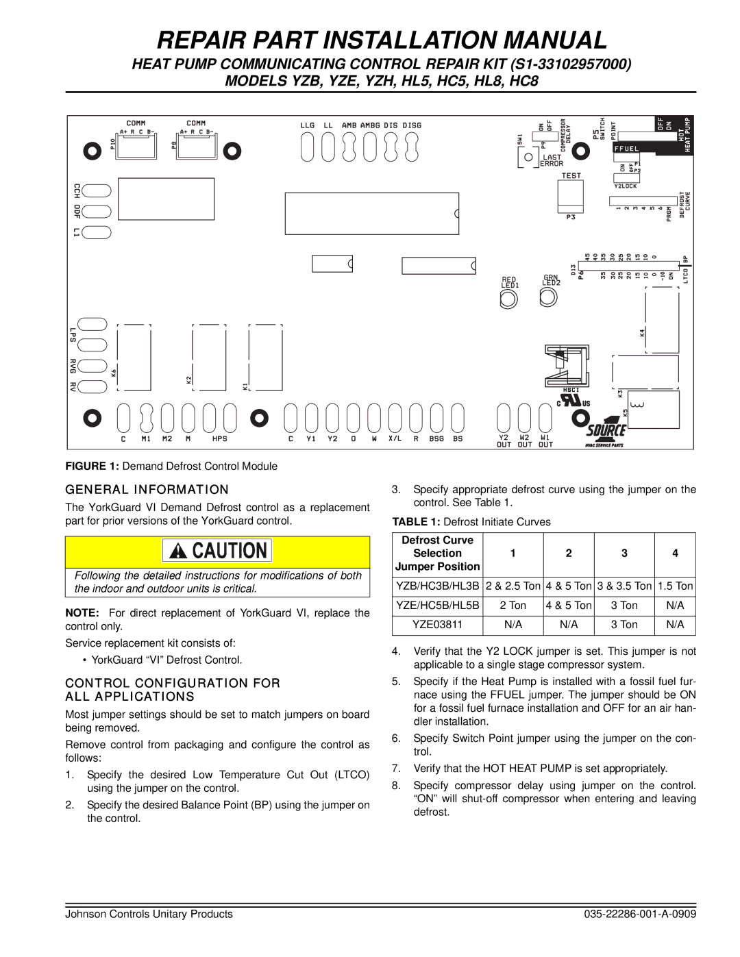 Johnson Controls yze, yzb, yzh, hl8, hl5, hc8 installation manual Repair Part Installation Manual, General Information 