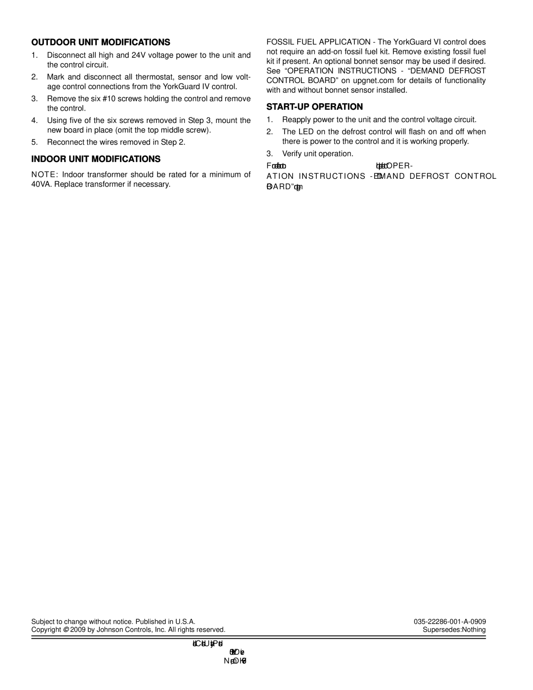 Johnson Controls yzh, yzb, yze, hl8, hl5, hc8 Outdoor Unit Modifications, Indoor Unit Modifications START-UP Operation 