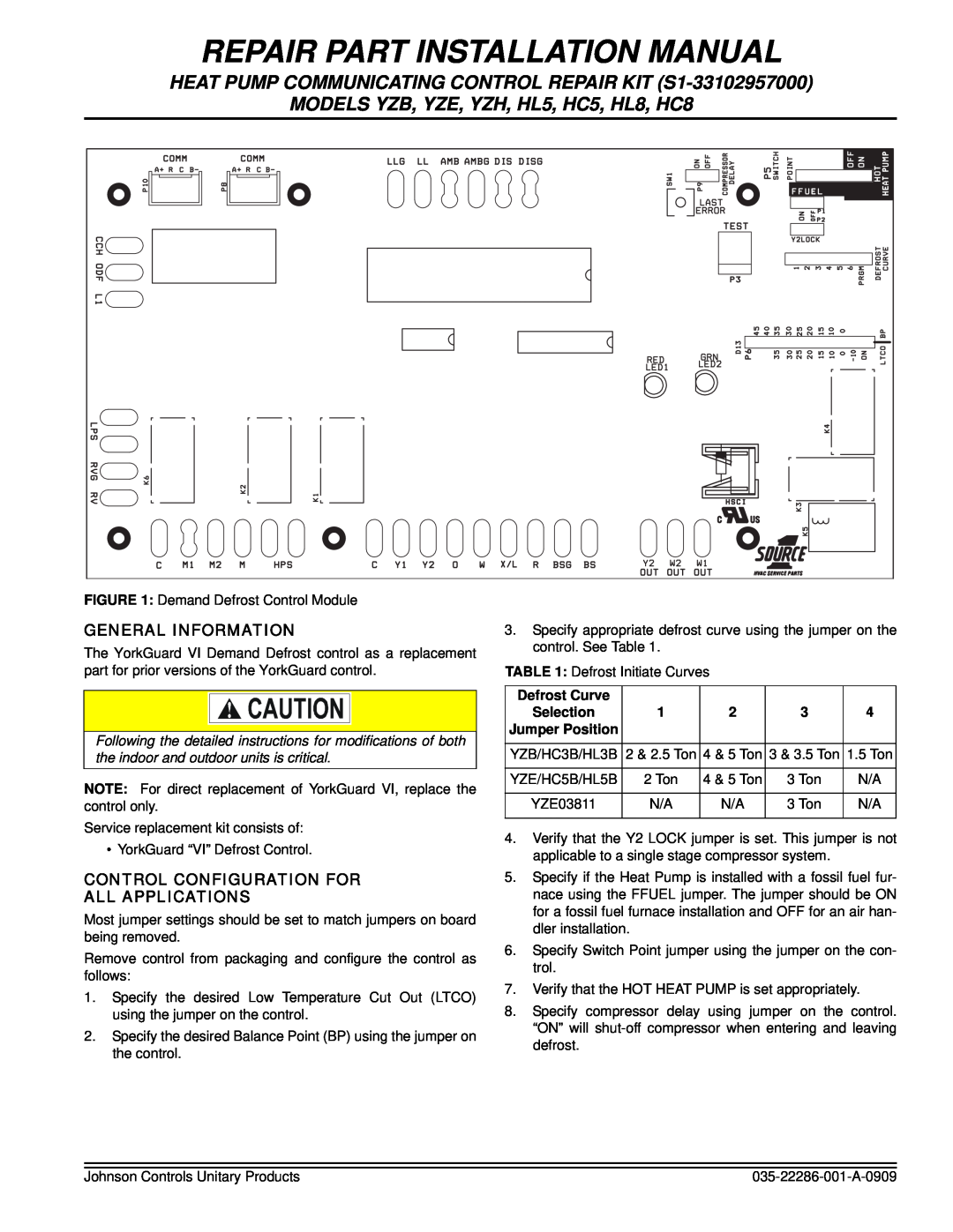 Johnson Controls yze installation manual General Information, Control Configuration For All Applications, Defrost Curve 