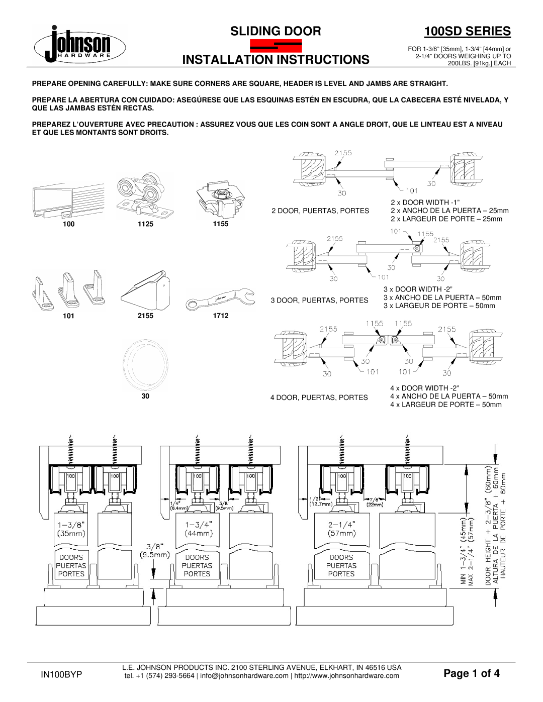 Johnson Hardware 100SD Series installation instructions Sliding Door 