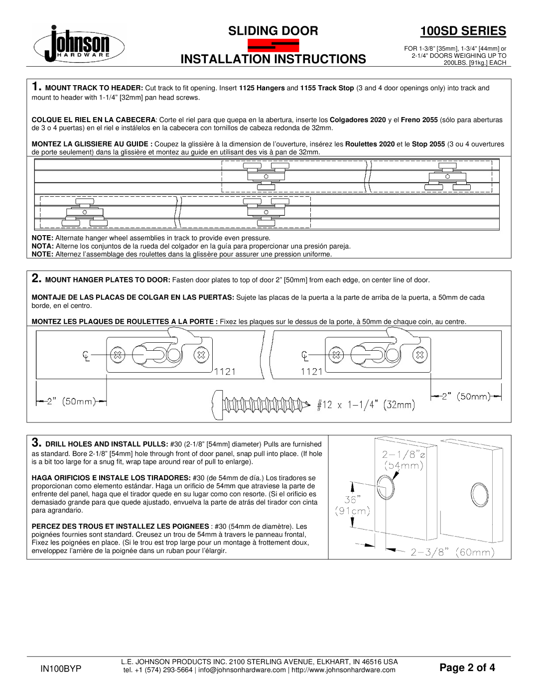 Johnson Hardware 100SD Series installation instructions Sliding Door, Installation Instructions 