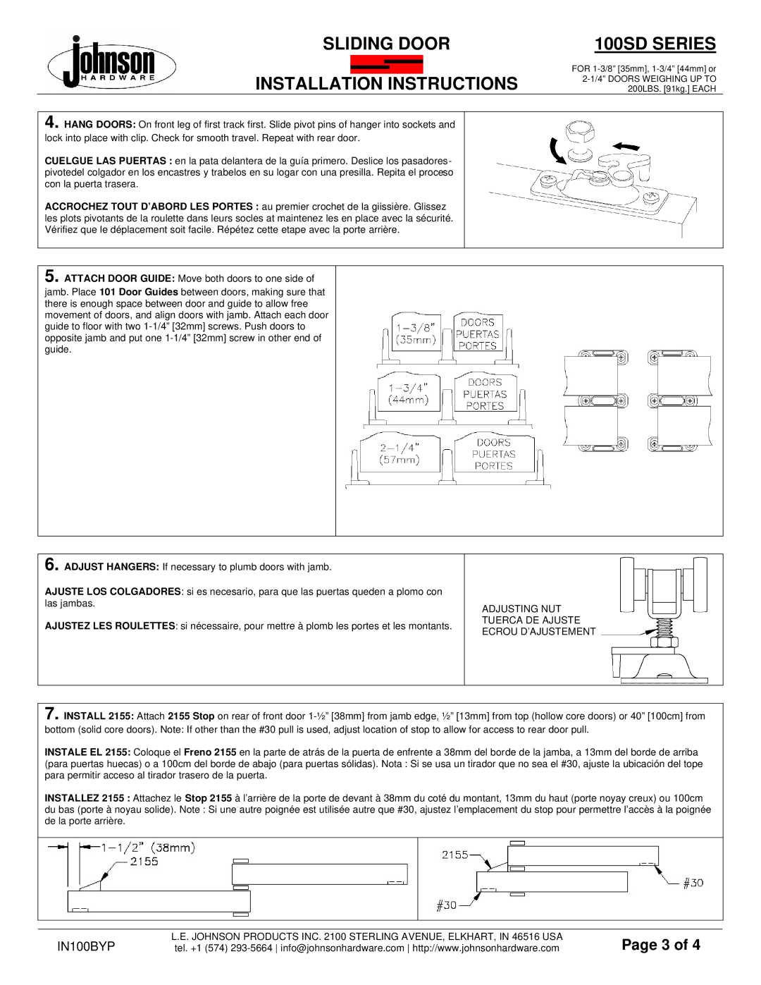 Johnson Hardware 100SD Series installation instructions Adjusting NUT Tuerca DE Ajuste Ecrou D’AJUSTEMENT 