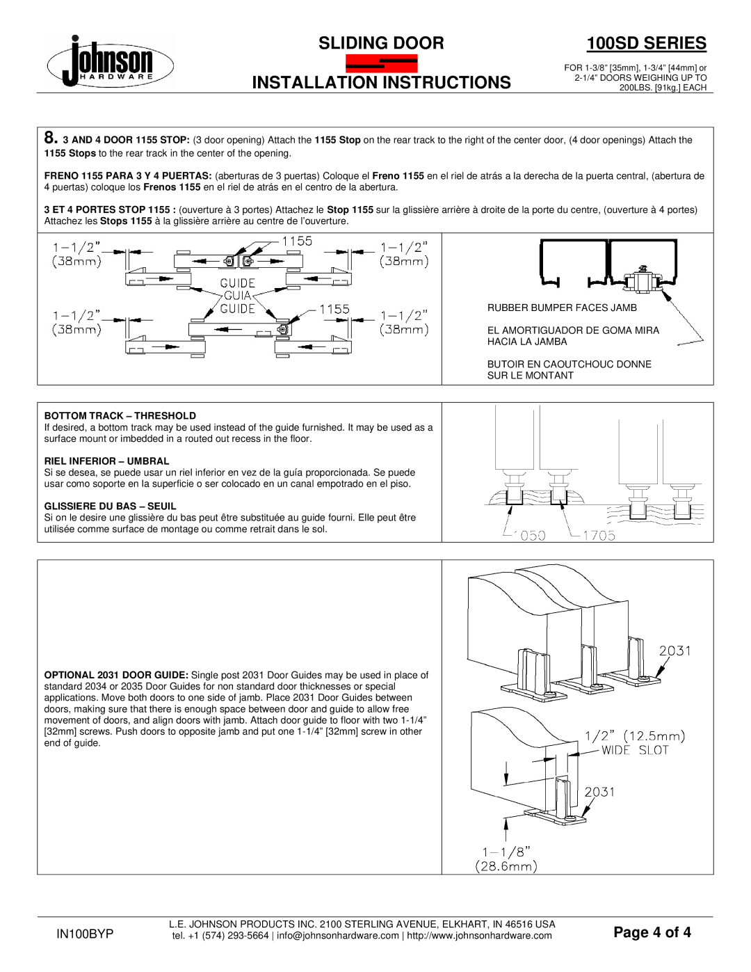 Johnson Hardware 100SD Series installation instructions Bottom Track Threshold 