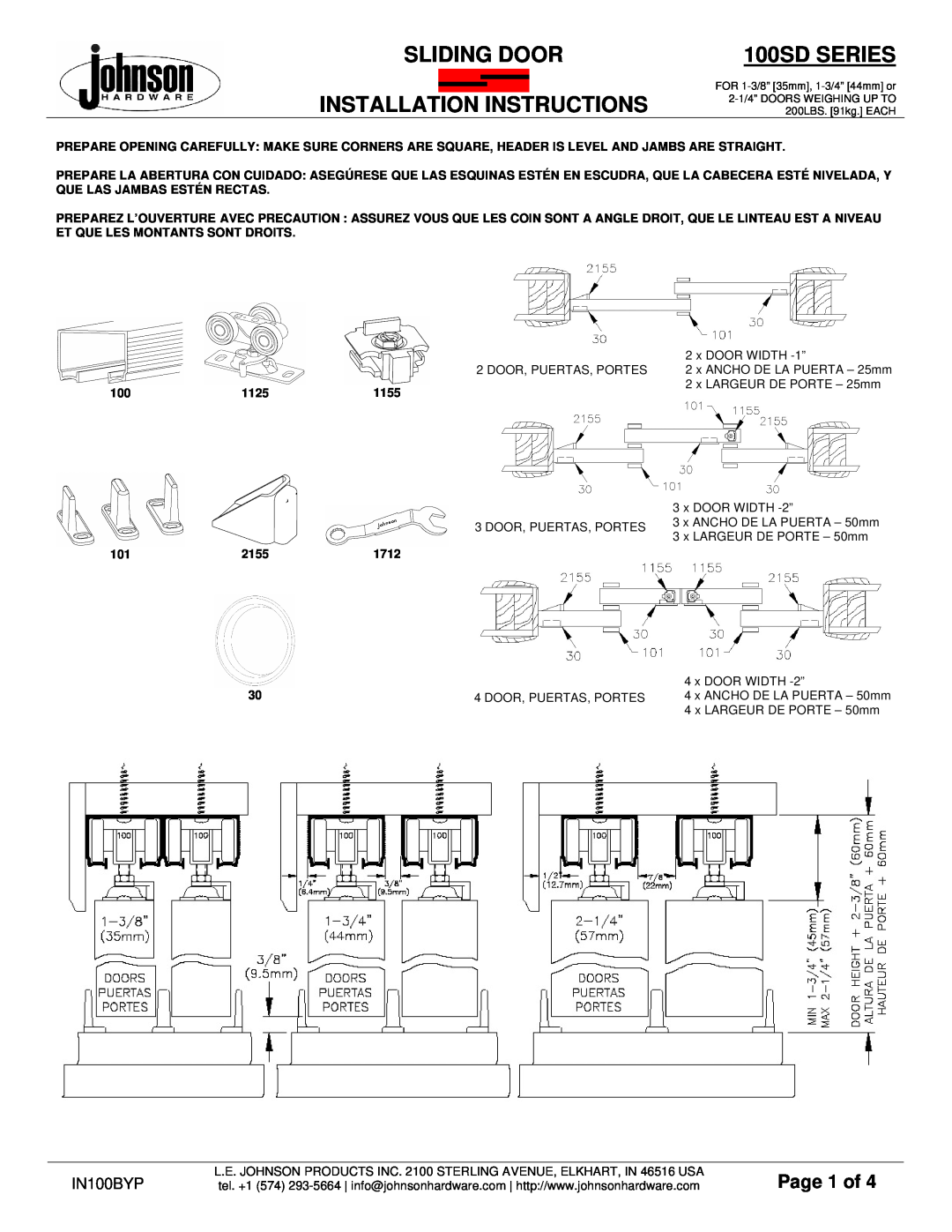 Johnson Hardware 100SD Series installation instructions Sliding Door, 100SD SERIES, Page 1 of, IN100BYP 
