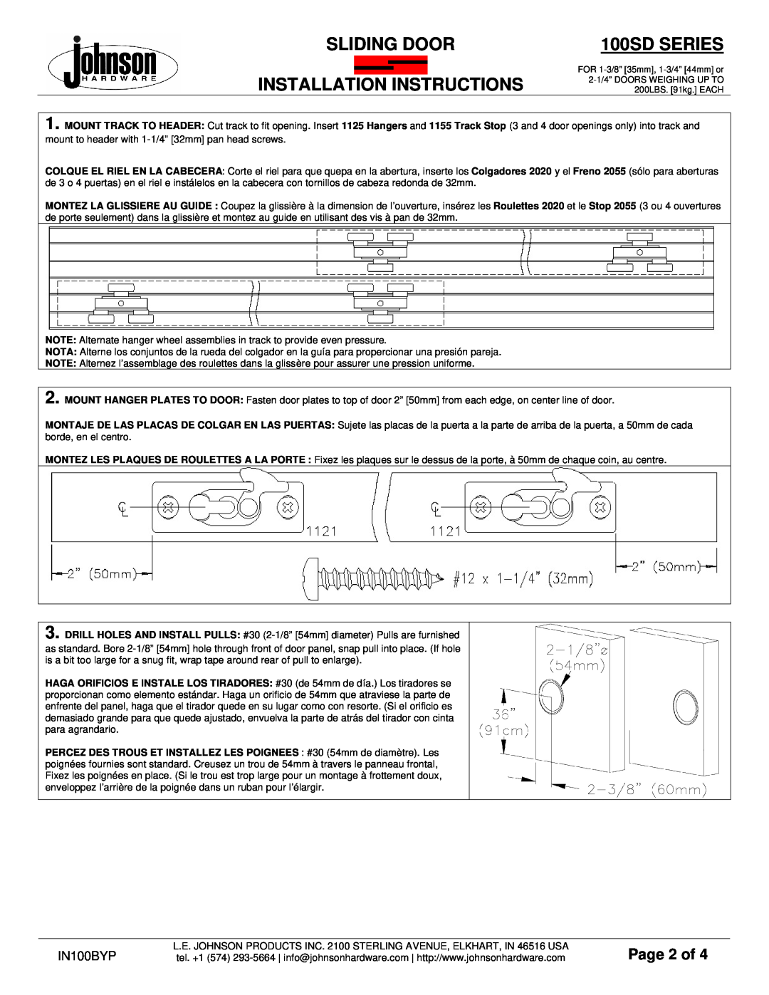 Johnson Hardware 100SD Series 100SD SERIES, Sliding Door, Installation Instructions, Page 2 of, IN100BYP 