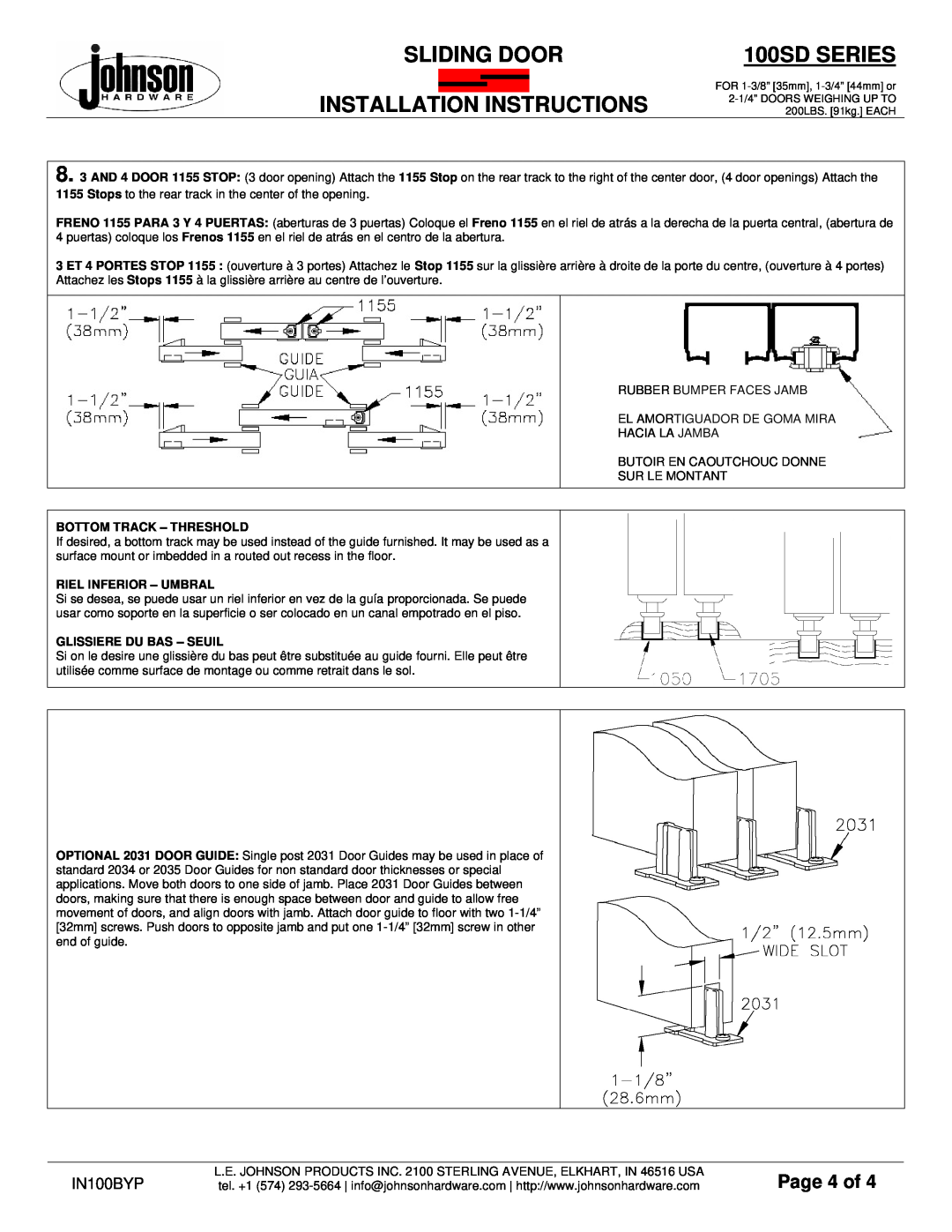 Johnson Hardware 100SD Series Page 4 of, Sliding Door, 100SD SERIES, IN100BYP, Bottom Track - Threshold 