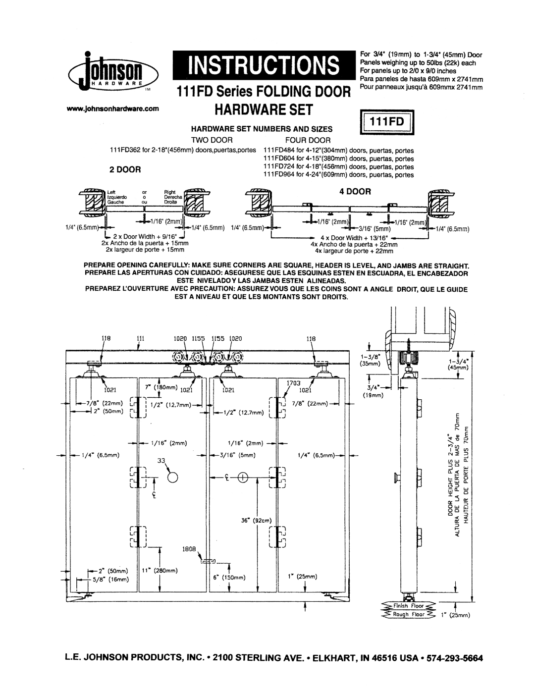 Johnson Hardware 111FD484, 111FD724, 111FD964, 111FD604, 111FD362 manual 