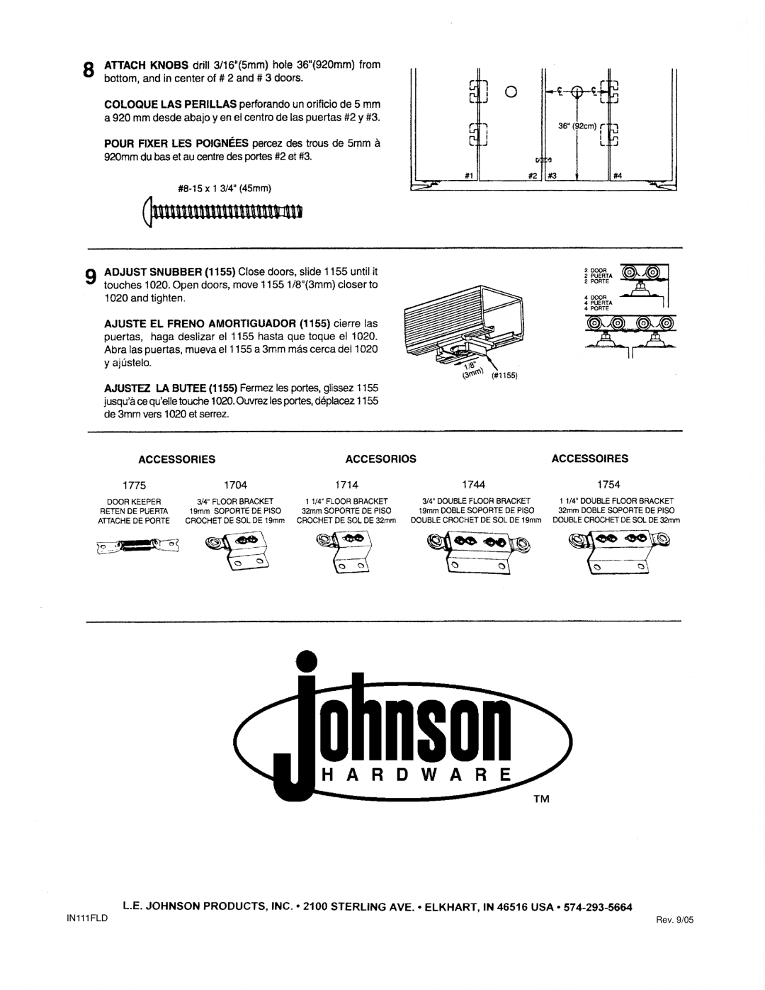 Johnson Hardware 111FD362, 111FD724, 111FD484, 111FD964, 111FD604 manual Rev /05 