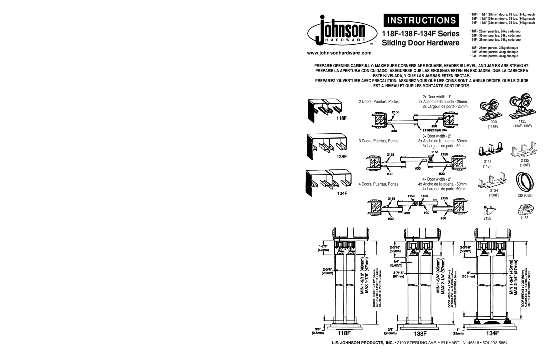 Johnson Hardware 138F Series, 134F Series, 118F Series manual Instructions 