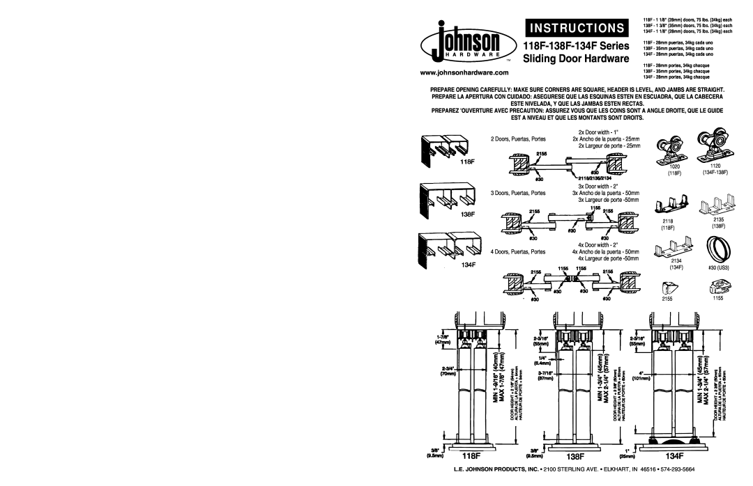 Johnson Hardware 138F Series, 134F Series, 118F Series manual Instructions, 118F-138F-134FSeries Sliding Door Hardware 