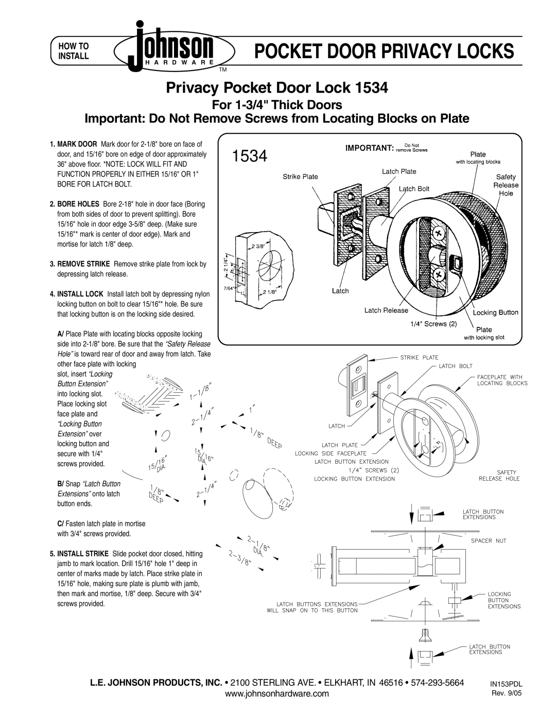 Johnson Hardware 1521, IN153PDL manual Pocket Door Privacy Locks, 1534, Privacy Pocket Door Lock, Locking Button 