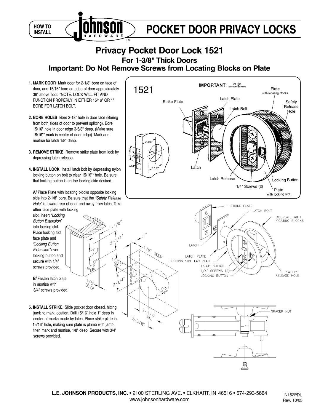 Johnson Hardware IN153PDL, 1521 manual 