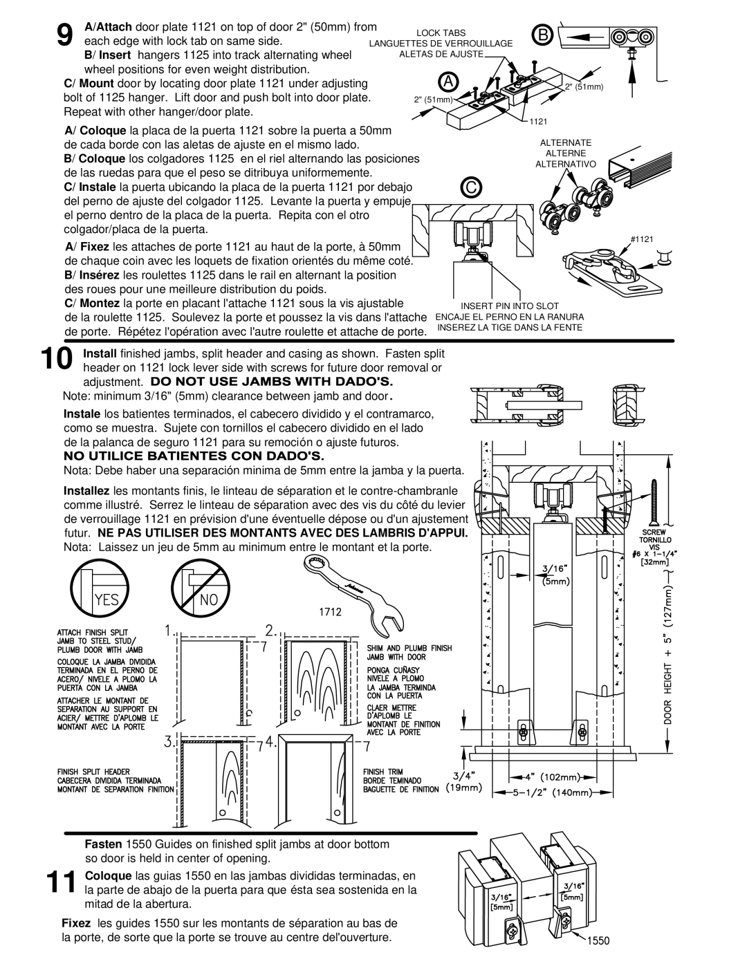 Johnson Hardware 1560 Series, 15602668, 15603068 manual Attach door plate 1121 on top of door 2 50mm from 