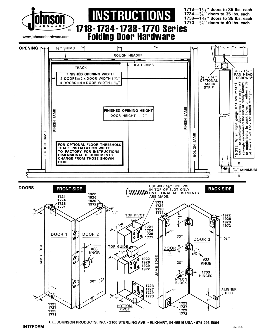 Johnson Hardware 1734, 1718, IN17FDSM, 1738, 1770, 1700SM manual Rev /05 