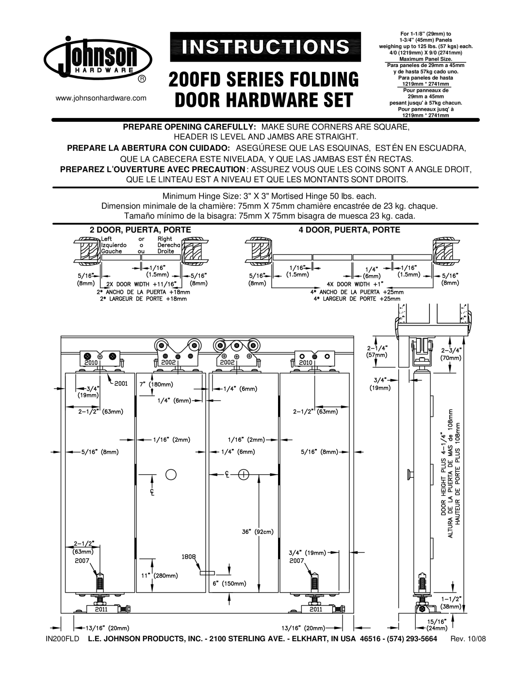 Johnson Hardware IN200FLD manual 200FD Series Folding Door Hardware SET 