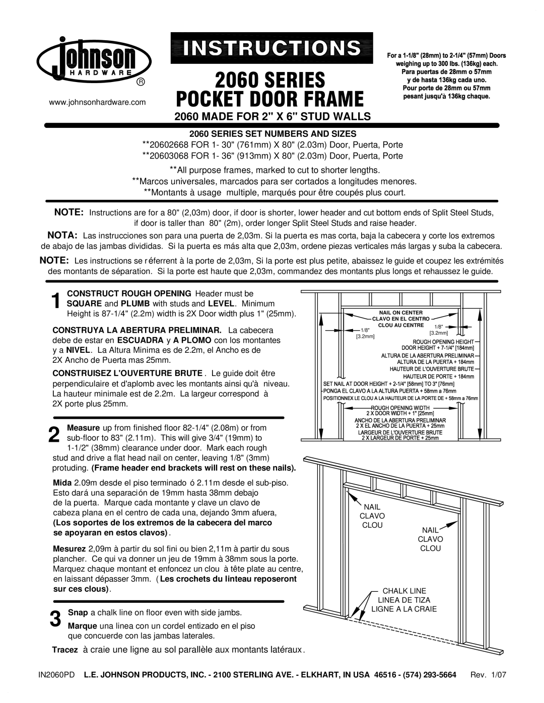 Johnson Hardware IN2060PD, 2060 SERIES, 20602668, 20603068 manual Series 