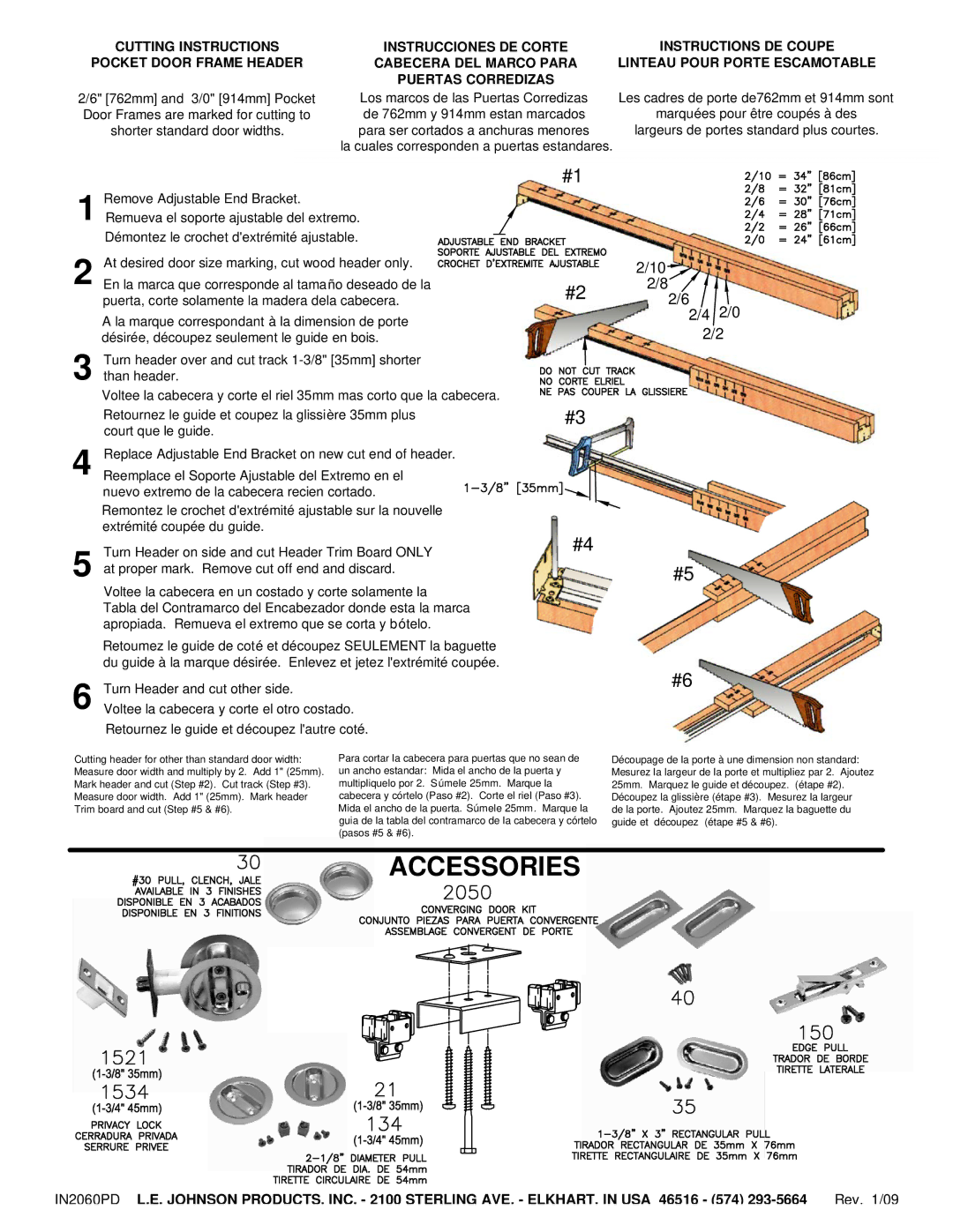 Johnson Hardware 2060 SERIES, IN2060PD, 20602668, 20603068 manual Accessories 