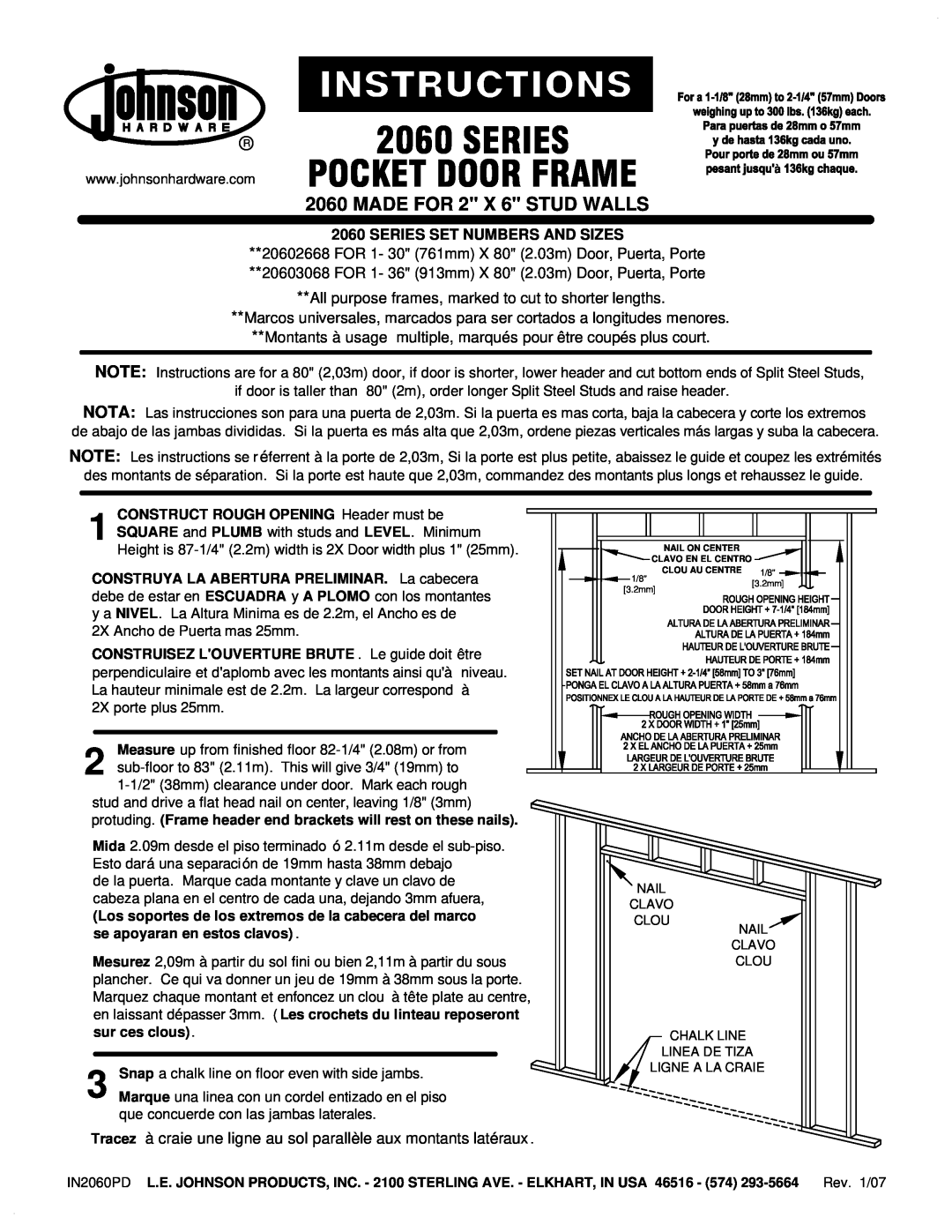 Johnson Hardware IN2060PD, 20602668 manual Pocket Door Frame, MADE FOR 2 X 6 STUD WALLS, Series Set Numbers And Sizes 