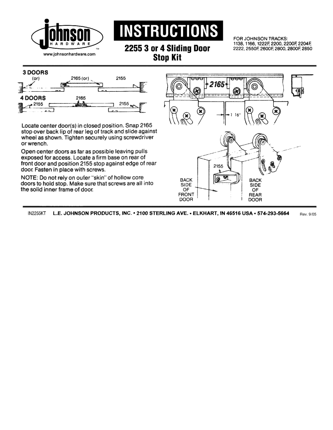 Johnson Hardware 2850, 2800, 2550F, 2255 3, 2255 4, 1138, 2200, 1222F, IN2255KT, 1166 manual Rev /05 