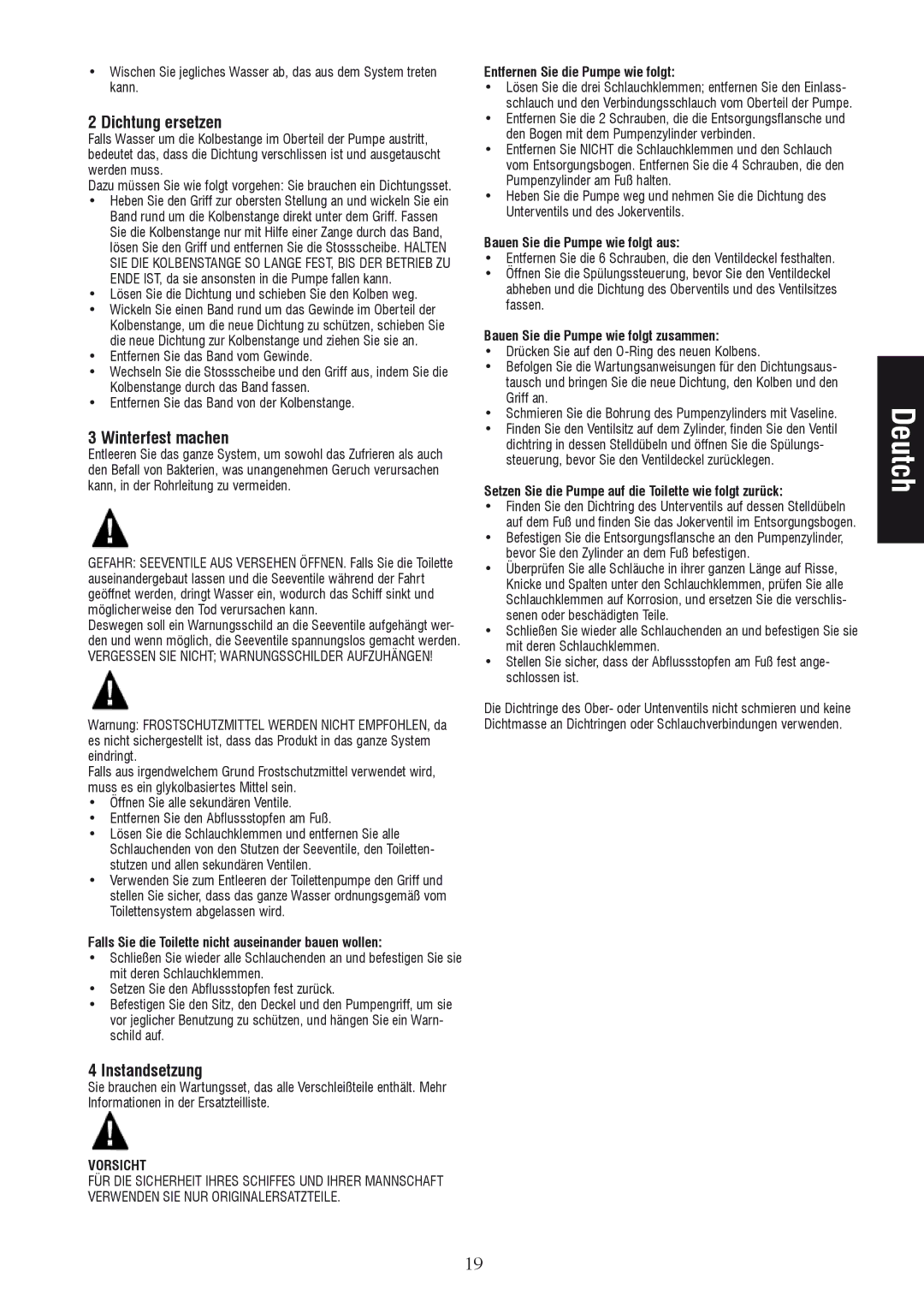 Johnson Hardware IB-412 R01 instruction manual Dichtung ersetzen, Winterfest machen, Instandsetzung 