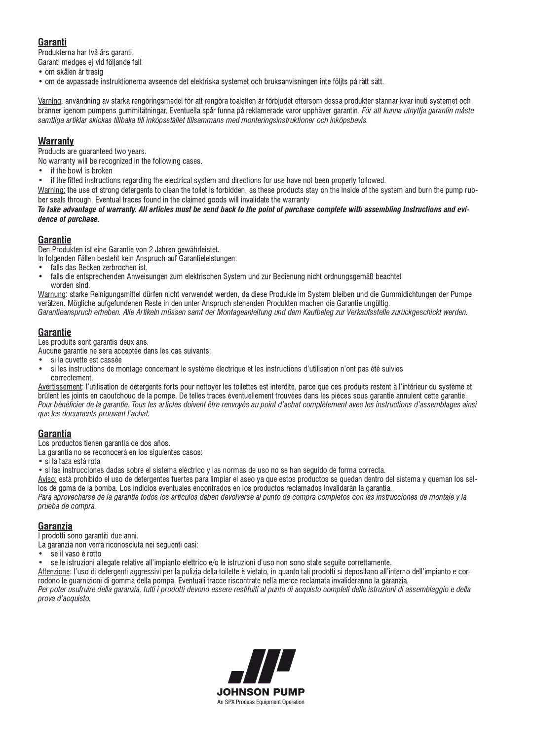 Johnson Hardware IB-412 R01 instruction manual Warranty, Garantie, Garantía, Garanzia 