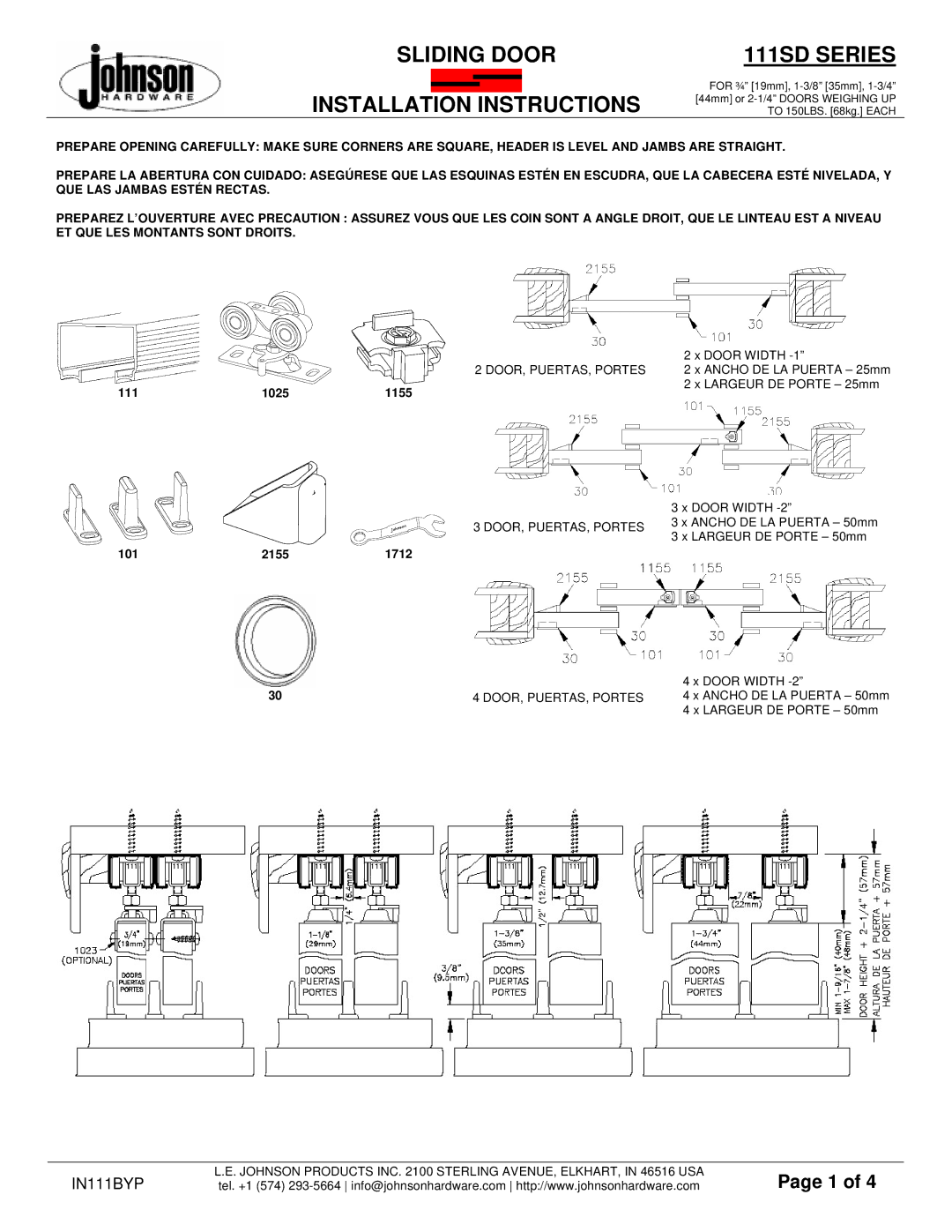 Johnson Hardware 111SD SERIES, IN111BYP installation instructions Sliding Door, 111SD Series, 111 1025 1155, 101 2155 1712 