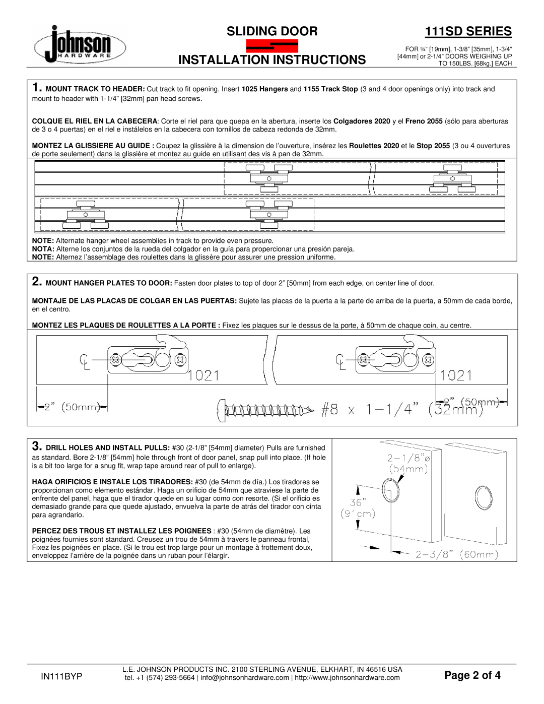 Johnson Hardware IN111BYP, 111SD SERIES installation instructions 111SD Series, Sliding Door, Installation Instructions 