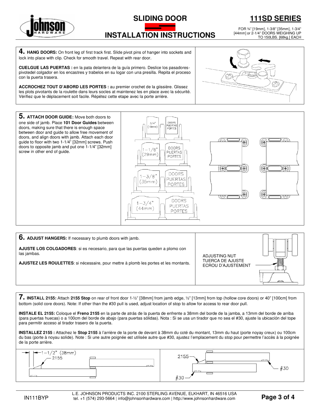 Johnson Hardware 111SD SERIES Attach Door Guide Move both doors to, Adjusting NUT Tuerca DE Ajuste Ecrou D’AJUSTEMENT 