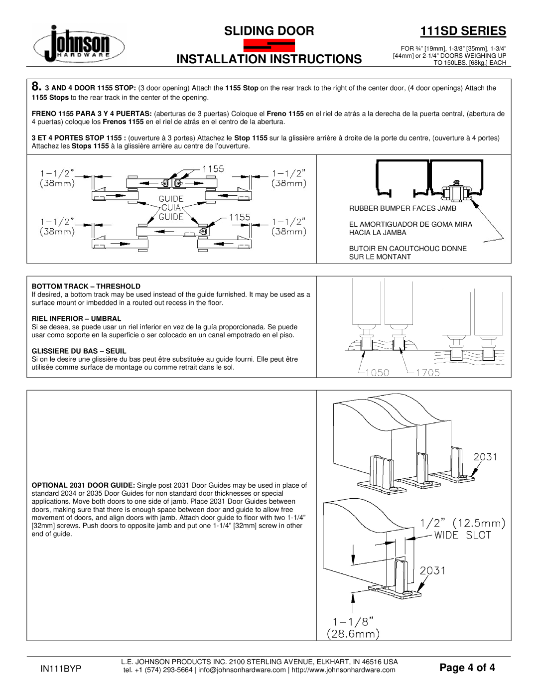 Johnson Hardware IN111BYP, 111SD SERIES installation instructions Bottom Track Threshold 