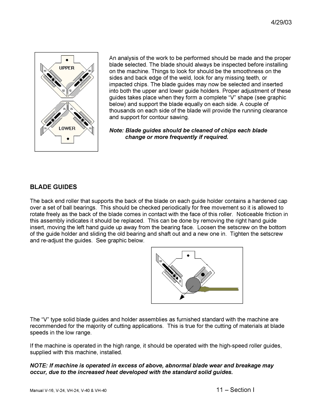 Johnson Hardware VH-40, VH-24, V-24, E-16, V-40, V-16, Johnson Vertical Band Saws instruction manual Blade Guides 