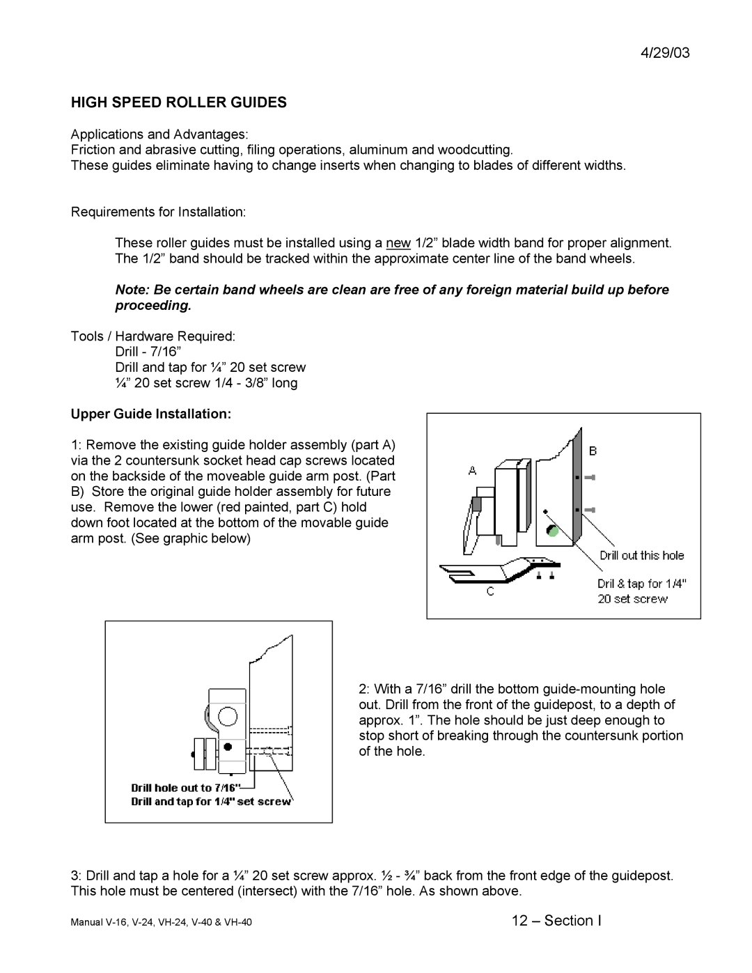 Johnson Hardware V-16, VH-24, V-24, E-16, V-40, VH-40 instruction manual High Speed Roller Guides, Upper Guide Installation 