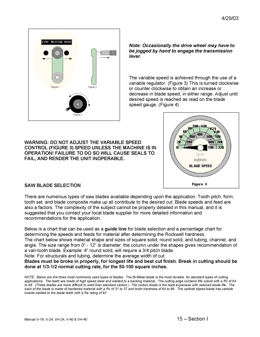 Johnson Hardware V-24, VH-24, E-16, V-40, VH-40, V-16, Johnson Vertical Band Saws instruction manual 29/03 